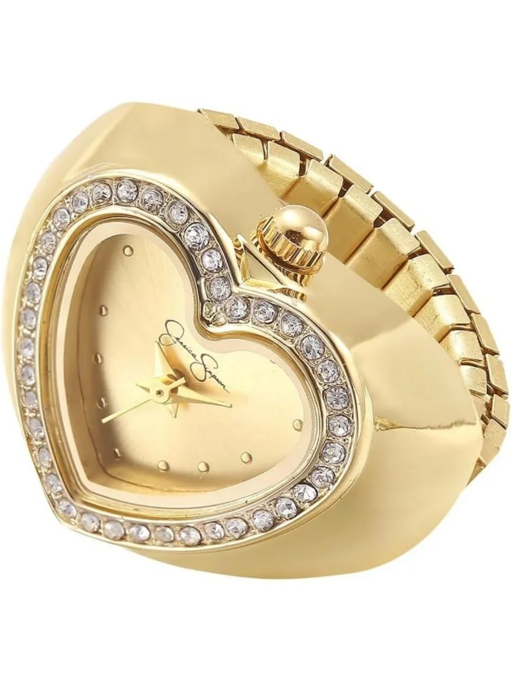 Silver Adjustable Ring Watch - Crystal Heart Bezel, Quartz Mini Dial, Stretch